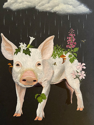 A painting of a pig being rained on.
