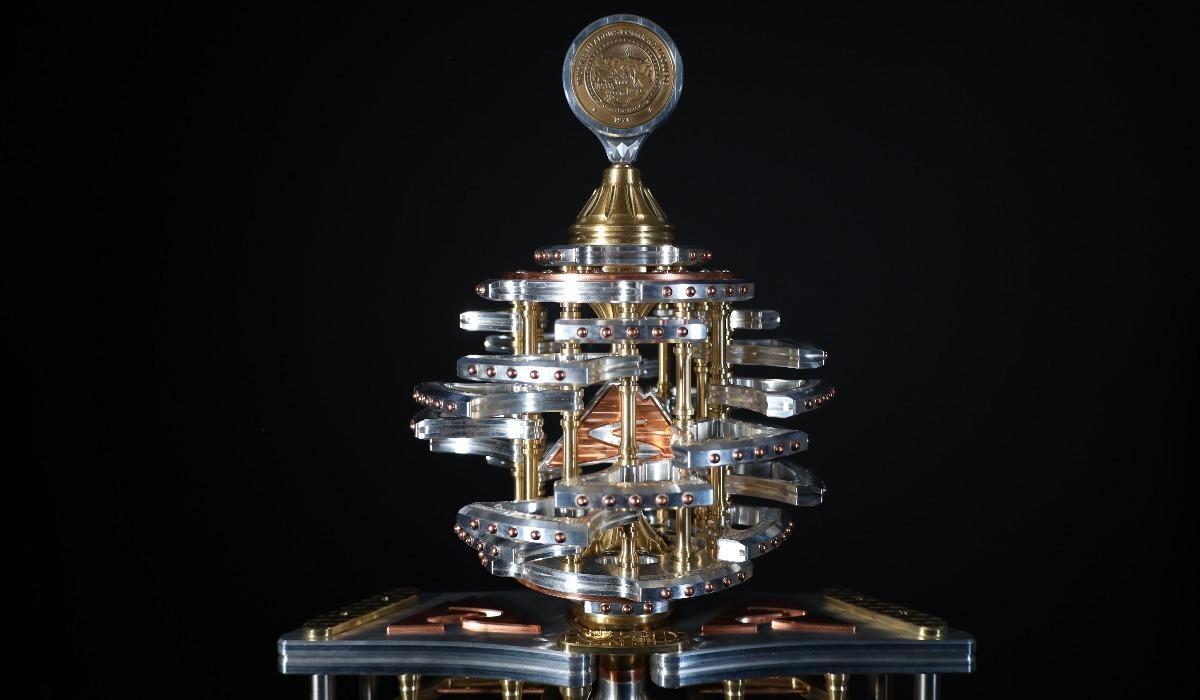 Tip of Ceremonial Mace constructed by Kelly V. Oswald; colored in aluminum, brass, copper, and stainless steel.
