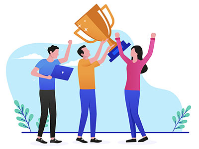 People holding trophy graphic