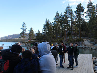 Group of students on a dock at Lake Tahoe.