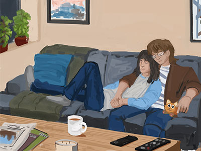 Artwork depicting two people resting together on a couch.