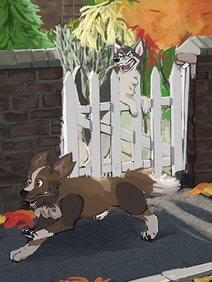 Artwork depicting a frightened dog running from a snarling dog at a fence.