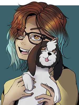 Illustration of a person holding a dog.