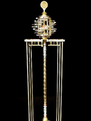 A lengthier view of the mace within its stand.