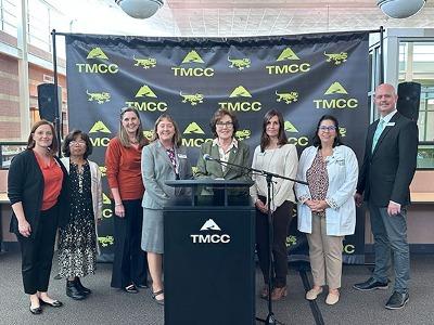 Senator Jacky Rosen stands beside TMCC leaders and instructors inside the William N. Pennington Health Science Center.