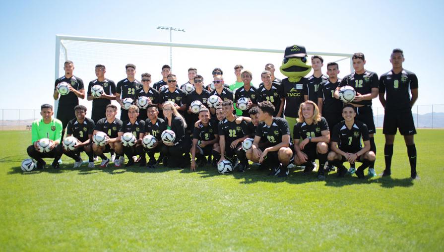 The TMCC Men’s Soccer team, with Mayor Schieve and Wizard. 