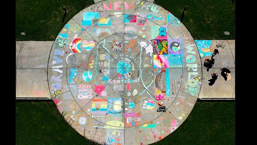 The circular quad at TMCC, covered in chalk drawings.