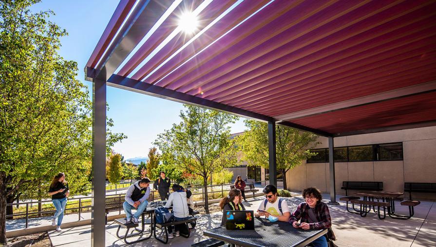 Students sitting outdoors near the trellis next to the cafe.