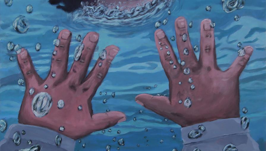Creating art—everything from the canvas to the paint itself—is an expression of Sullivan's desire to make his art his own. This painting is titled 'Underwater.'