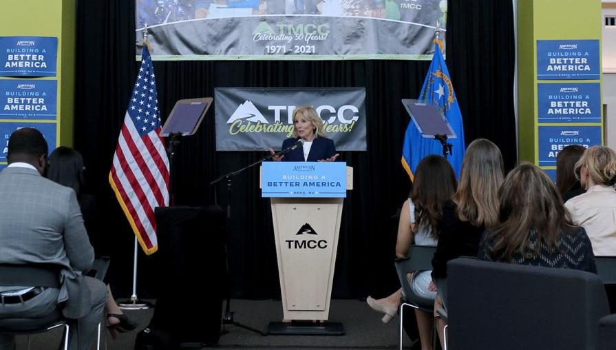 Dr. Jill Biden speaking at a podium.