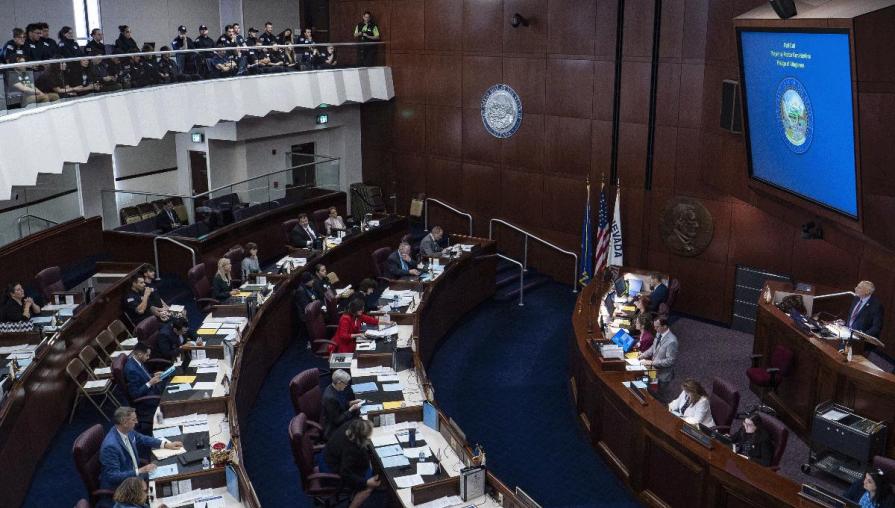 Inside of the Nevada State Legislature's Senate chambers.