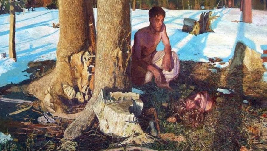 A haggard men kneels beside a decapitated head in a snowy and unforgiving forest. Decapitation Forest, by Miles Hall.