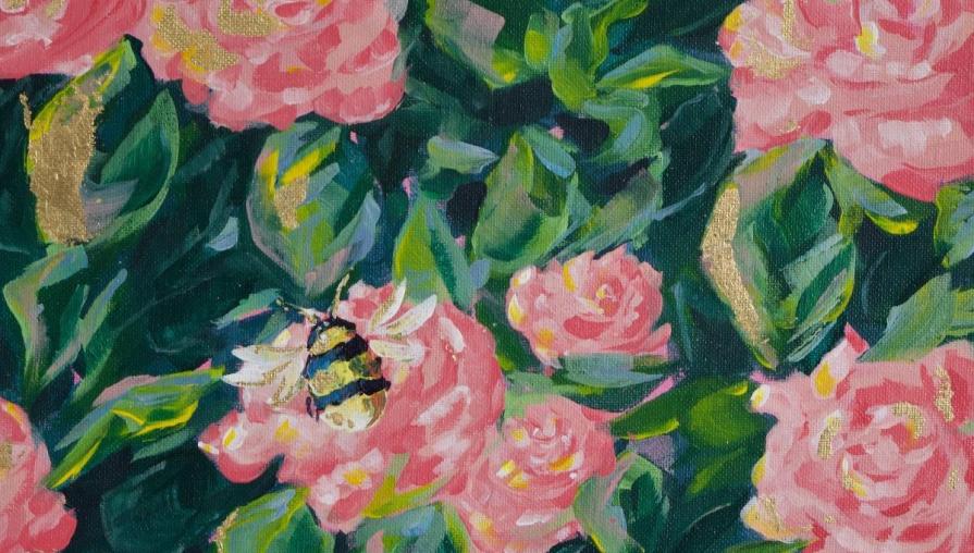 A bumble bee rests gently on a rose with emerald foliage surrounding it. Bumblebee on Roses, by Julianna Horvath.