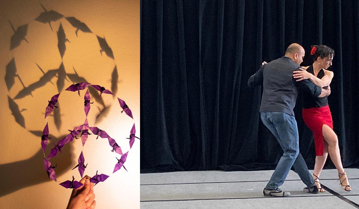 Photos of origami shapes and two tango dancers.