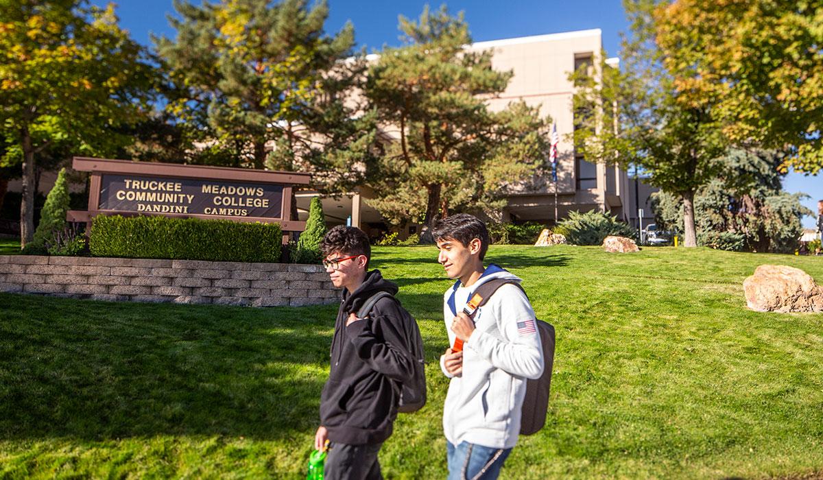 Two students walking at the Dandini Campus.