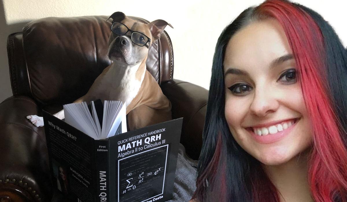 TMCC Student Kat Costa and her puppy pose with the math textbook she wrote.