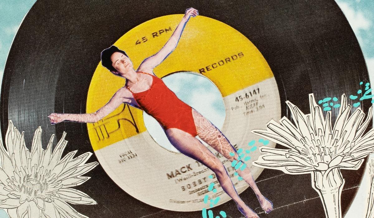 Woman in red swimsuit floating on top of vinyl record with drawings of flowers beside her.