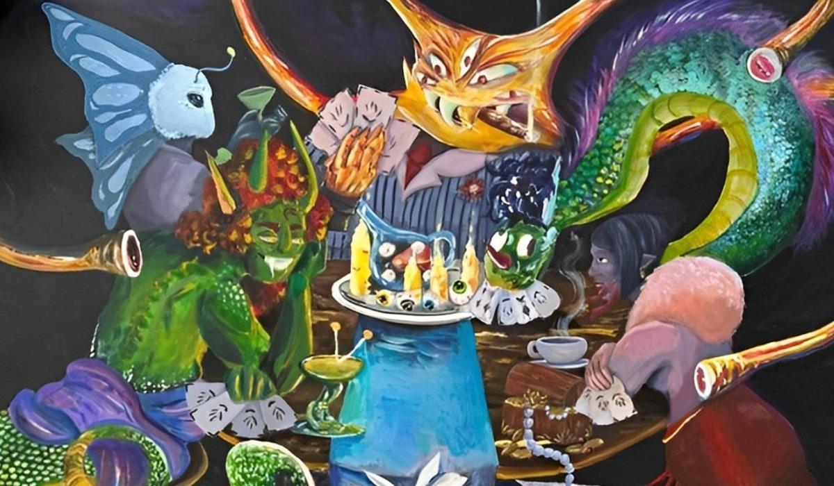Capitalism by Crowley Foster and Gwyneth Crowe. The illustration shows multiple smiling mythical creatures playing a card game with vibrant red, green, blue, yellow, orange, and purple hues adorning their skin.