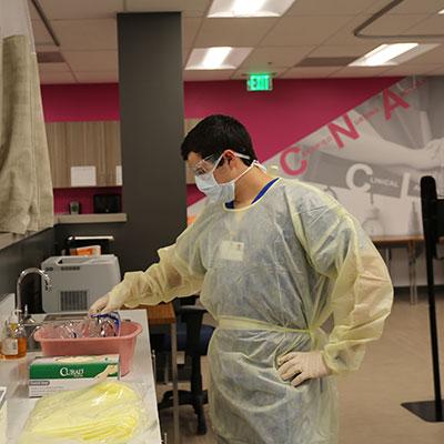 A CNA student practices in the new lab space at the Meadowood Center