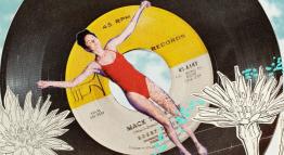 Woman in red swimsuit floating on top of vinyl record with drawings of flowers beside her.