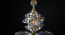 Tip of Ceremonial Mace constructed by Kelly V. Oswald; colored in aluminum, brass, copper, and stainless steel.